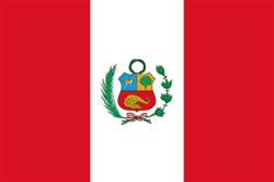 [ai] The flag of Peru features three vertical stripes: two red on the sides and one white in the center. The national coat of arms, consisting of a shield with a llama, tree, and cinchona plant, is displayed in the center.
